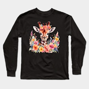 A giraffe decorated with beautiful watercolor flowers Long Sleeve T-Shirt